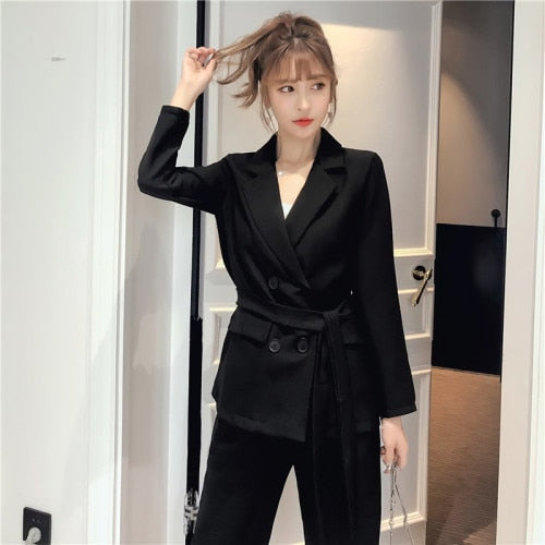 Autumn Winter Women Lace Up Pant Suit Notched Blazer Jacket & Pant Office Wear Suits Female Sets