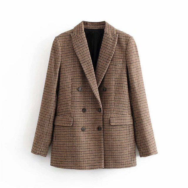 Aachoae Vintage Casual Plaid Blazer Women Fashion Double Breasted Office Ladies Jacket Coat Notched Collar Long Sleeve Suits