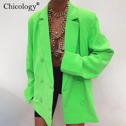 Chicology double breasted blazer long sleeve jacket women loose coat 2019 autumn winter female streetwear over size plus clothes