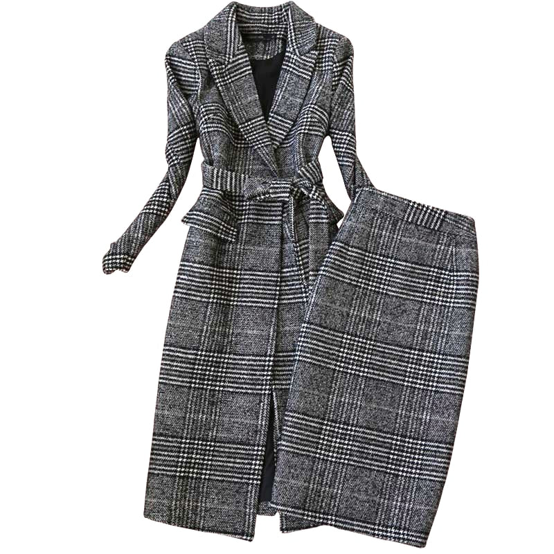 High quality winter women's suits skirt set 2021 new temperament slim wool long ladies coat jacket Slim skirt two-piece