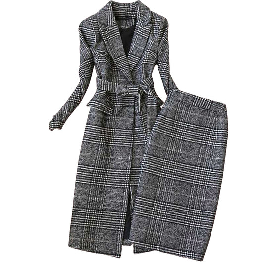 High quality winter women's suits skirt set 2021 new temperament slim wool long ladies coat jacket Slim skirt two-piece