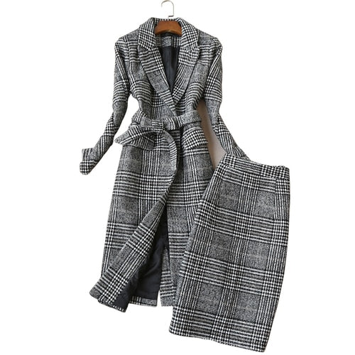 High quality winter women's suits skirt set 2021 new temperament slim wool long ladies coat jacket Slim skirt two-piece